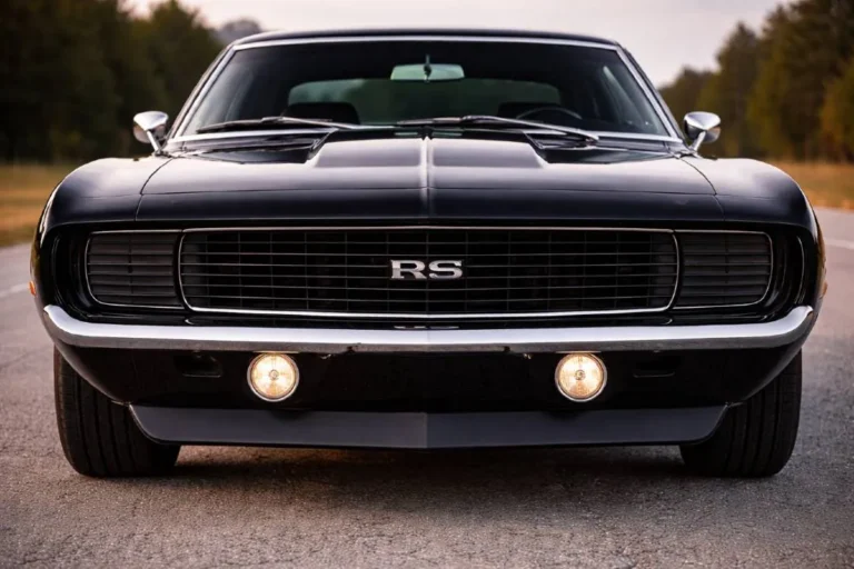 Front view of a 1969 Chevrolet Camaro RS/SS showing the iconic Rally Sport package concealed headlights in the closed position revealing the uninterrupted black lattice grille, the most recognizable visual feature of the RS and RS/SS configuration