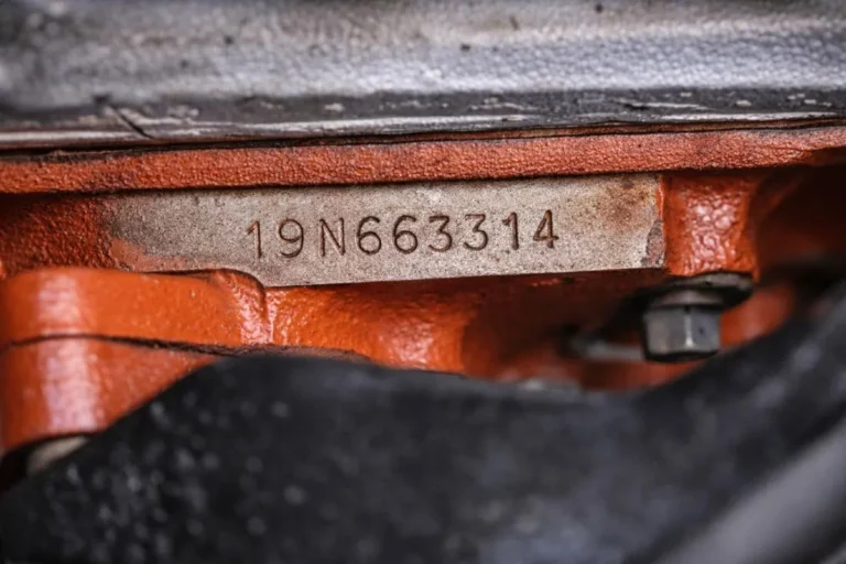 Close-up photograph of the engine block partial VIN stamp on a 1969 Chevrolet Camaro SS showing the factory matching numbers that link the original engine to the vehicle chassis, critical for authenticating collector value on first-generation Camaros