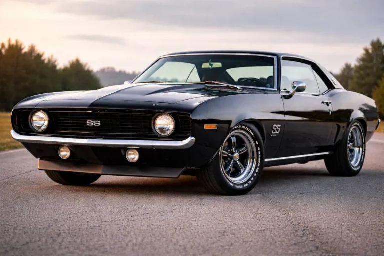 69 Chevrolet Camaro SS in Hugger Orange three-quarter front exterior view showing the iconic SS grille, simulated hood air inlets, and muscular first-generation F-body stance that made it the most sought-after American muscle car of its era