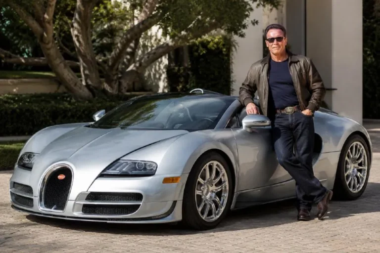Silver Bugatti Veyron Grand Sport Vitesse formerly owned by Arnold Schwarzenegger featuring an 8.0 liter quad turbocharged W16 engine producing 1200 horsepower with a top speed above 250 mph and a 0 to 60 mph time of approximately 2.5 seconds originally valued at approximately 2 million dollars and sold by Schwarzenegger to Nigerian businessman Obi Okeke for approximately 2.5 million dollars making it both the most expensive vehicle he has ever owned and one of the few celebrity car collection sales to generate a documented financial return above purchase price