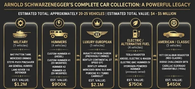 Visual overview graphic of Arnold Schwarzenegger's complete car collection in 2026 organized by category showing military vehicles including Hummer H1s ex-military Dodge M37 Mercedes Unimog and M47 Patton tank three Bentleys Porsche and Mercedes SLS AMG in the luxury European category Kreisel Electric G-Wagon Tesla Roadster and Audi R8 e-tron in electric vehicles and 1957 Cadillac Eldorado Biarritz and Dodge Challenger SRT8 in classics and American muscle with total collection estimated at 4 to 5 million dollars across approximately 20 to 25 vehicles