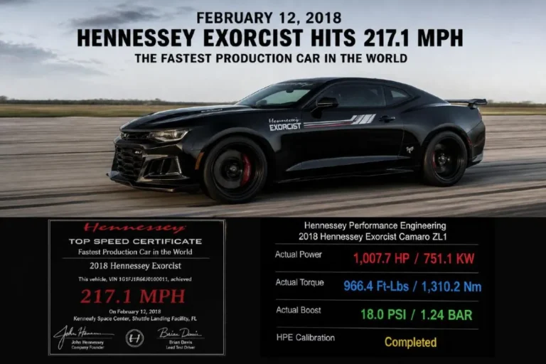 Hennessey Exorcist Camaro ZL1 at speed on a Texas airstrip during the February 12 2018 top speed record run achieving 217 mph driven by professional driver Brian Smith exceeding the then-current 2019 Corvette ZR1 record of 213 mph to become the fastest American production-derived muscle car ever recorded with the car's dyno-proven 1000 horsepower confirmed before delivery as standard Hennessey practice for every Exorcist built