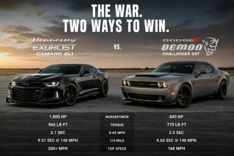 Hennessey Exorcist Camaro ZL1 alongside Dodge Challenger SRT Demon representing the American muscle car rivalry that began in 2017 when Hennessey created the 1000 horsepower 966 lb-ft Exorcist specifically to outperform the Demon's 840 horsepower with the Exorcist achieving a 217 mph top speed versus the Demon's 168 mph a 2.1 second 0-60 versus the Demon's 3.4 seconds and a 9.57 second quarter mile versus the Demon's 9.65 seconds