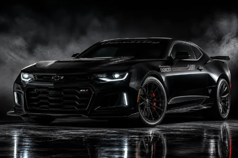 Hennessey Exorcist Camaro ZL1 in three quarter front view showing the Exorcist specific badging Hennessey graphics package and aggressive ZL1 body of the 1000 horsepower street legal muscle car built by Hennessey Performance Engineering of Sealy Texas producing 966 lb-ft of torque reaching 60 mph in 2.1 seconds completing the quarter mile in 9.57 seconds at 147 mph and achieving a top speed of 217 mph across a total production run of exactly 100 cars across three editions from 2017 to 2023