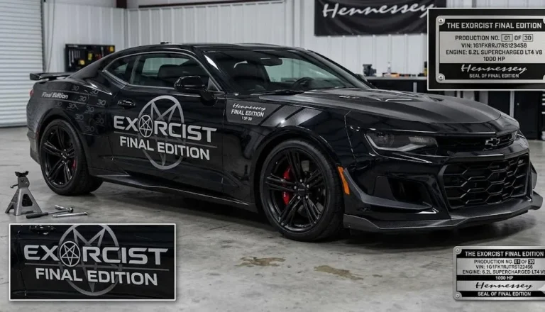 Hennessey Exorcist Camaro ZL1 Final Edition 2023 showing the specific Final Edition exterior graphics package and the serial numbered engine bay plaque reading Final Edition X of 57 commemorating 57 years since the Camaro first entered production in one of exactly 57 examples built at 54950 dollars upgrade price over the donor Camaro ZL1 backed by a 3 year 36000 mile warranty and representing the permanent conclusion of Exorcist production as the last limited edition of the most extreme street-legal Camaro ever built