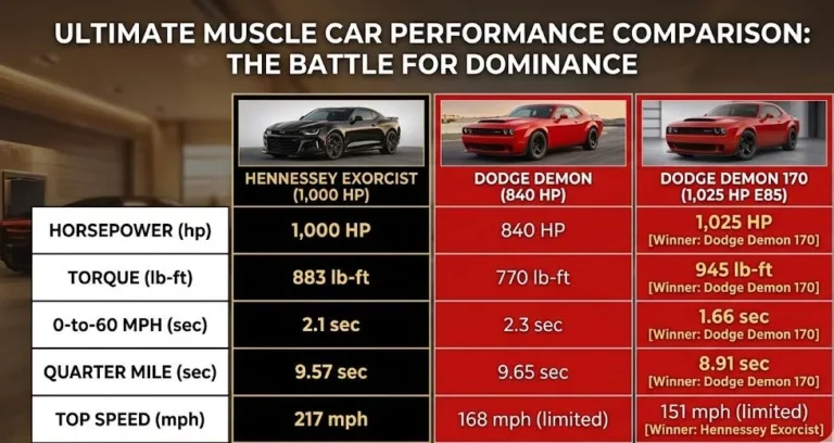 Three column performance comparison chart showing Hennessey Exorcist Camaro ZL1 at 1000 horsepower 2.1 second 0-60 9.57 second quarter mile and 217 mph top speed versus Dodge Challenger SRT Demon at 840 horsepower 3.4 second 0-60 9.65 second quarter mile and 168 mph top speed versus Dodge Challenger SRT Demon 170 at 1025 horsepower E85 1.66 second 0-60 8.91 second quarter mile and 168 mph top speed showing where each car leads and where it trails in the American muscle car war from 2017 to 2023