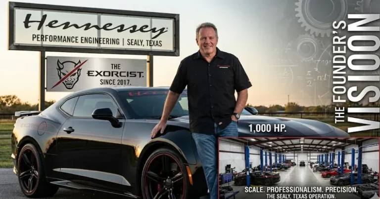 Hennessey Performance Engineering facility in Sealy Texas or John Hennessey founder and CEO alongside an Exorcist Camaro ZL1 representing the company that has re-engineered more than 12000 vehicles since 1991 and whose engineering portfolio spans the 1000 horsepower street-legal Exorcist to the Venom F5 hypercar targeting 300 mph making the Exorcist a relatively accessible application of the deepest American performance engineering capability available from any private tuner