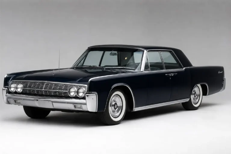 1964 Lincoln Continental four door hardtop sedan showing the clean chrome-restrained body design by Elwood Engel with center opening rear suicide doors unitized body frame construction 430 cubic inch MEL V8 producing 320 horsepower and 465 lb-ft of torque one of 32969 sedans produced in the 1964 model year alongside 3328 convertibles for a total of 36297 units with the design recognized by the Museum of Modern Art through permanent collection inclusion of the 1961 Continental whose design DNA the 1964 model directly continues