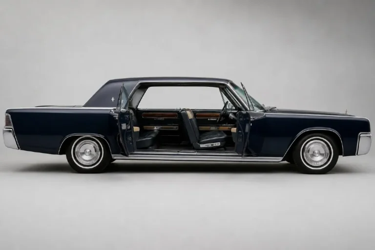 1964 Lincoln Continental with all four doors open showing the center opening rear door design with front doors hinged at the A-pillar opening forward and rear doors hinged at the C-pillar opening rearward with no B-pillar between them creating a completely unobstructed entry to both front and rear passenger compartments a feature first introduced on the 1961 Continental and continued through the entire fourth generation production run from 1961 to 1969 with a safety interlock preventing rear doors from opening while the car was in motion