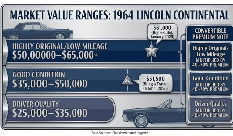 Tiered value chart showing collector market values for the 1964 Lincoln Continental with driver quality examples at 25000 to 35000 dollars good condition examples at 35000 to 50000 dollars and highly original low mileage examples at 50000 to 65000 dollars and above with a convertible premium of 40 to 70 percent above equivalent hardtop condition values marked against the documented Bring a Trailer sale at 51500 dollars and the highest bid of 61000 dollars based on Classic.com and Hagerty valuation data compiled