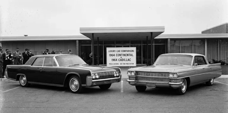1964 Lincoln Continental alongside or adjacent to 1964 Cadillac de Ville showing the fundamental design contrast between the Continental's chrome-restrained clean body design recognized by the Museum of Modern Art and the Cadillac de Ville's more conventionally elaborate American luxury styling of the period illustrating why Lincoln's market was a specific and discerning subset of American luxury buyers who chose restraint over visual abundance while the de Ville led by production volume