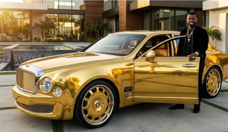 50 Cent's 2012 Bentley Mulsanne customized with a gold lamination exterior finish and fitted with a satellite-based multimedia system reflecting his trademark gold aesthetic also seen across his jewelry and personal style with the Mulsanne using a 6.75 liter twin-turbocharged V8 engine producing 505 horsepower in a luxury sedan body that typically weighs approximately 5700 pounds making it one of the most personalized vehicles in his collection and the most direct automotive expression of his recognizable gold visual brand