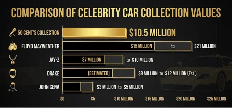 Bar chart comparison showing 50 Cent's car collection estimated at 10.5 million dollars alongside other celebrity car collections including Floyd Mayweather at 15 to 21 million dollars Jay-Z at 7 to 10 million dollars and John Cena at 3 to 5 million dollars with a note that 50 Cent's collection is the only one among the compared collections to include a Maserati MC12 one of only 50 road-legal examples ever produced worldwide establishing that the collection's significance extends beyond total value to the rarity of individual vehicles
