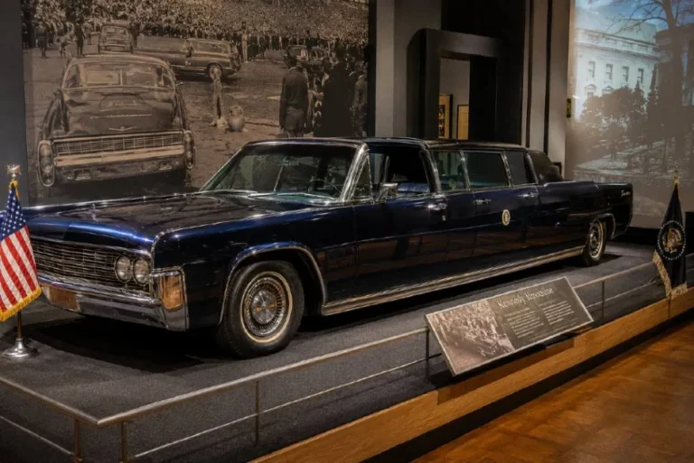 The JFK Lincoln Continental X-100 presidential limousine as displayed at the Henry Ford Museum in Dearborn Michigan showing the 1961 Lincoln Continental convertible extended 3.5 feet by Hess and Eisenhardt of Cincinnati Ohio into a presidential parade limousine finished in regal Presidential Blue Metallic paint applied after the assassination of President Kennedy on November 22 1963 in Dallas Texas the car having been assembled at Lincoln's Wixom Michigan plant in January 1961 and leased to the Secret Service by Ford Motor Company for 500 dollars per year