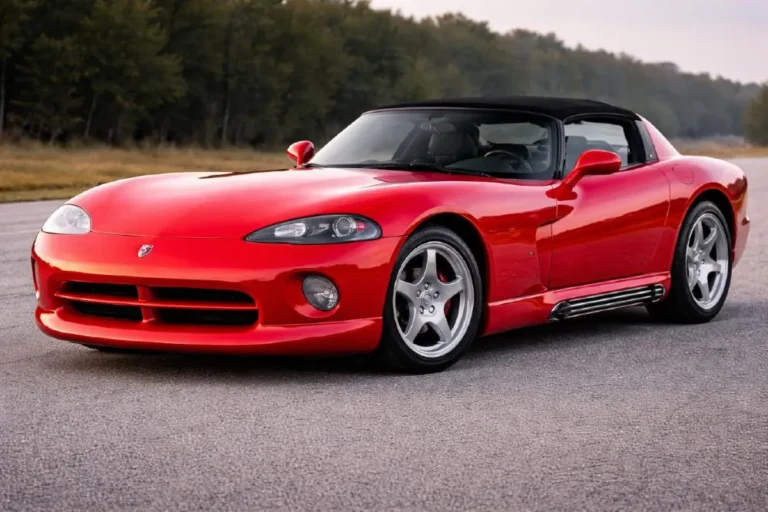 Original 1992 Dodge Viper RT10 roadster in red showing first generation design with side exit exhaust pipes along door sills vinyl side windows and the uncompromising two seat layout that introduced Americas most extreme production sports car with 400 horsepower naturally aspirated V10