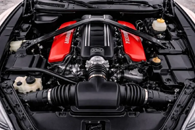 Engine bay of the fifth generation Dodge Viper showing the 8.4 liter naturally aspirated V10 engine producing 645 horsepower and 600 lb-ft of torque in final production form the largest and most powerful version of the Viper V10 engine that powered every generation of the car from 1992 to 2017