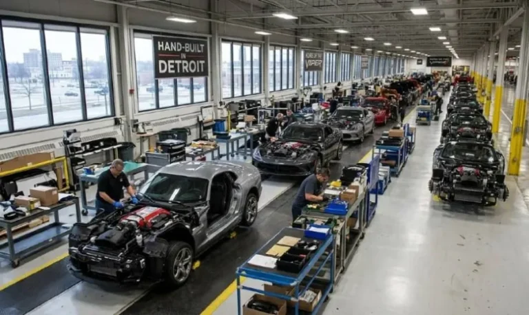Interior of the Conner Avenue Assembly Plant in Detroit Michigan where every Dodge Viper was hand-built from 1995 to 2017 showing the dedicated production facility that was permanently closed when Dodge discontinued the Viper after the 2017 model year
