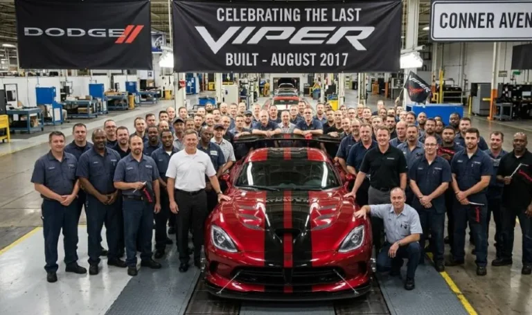 The final Dodge Viper built in August 2017 at the Conner Avenue Assembly Plant in Detroit surrounded by the production team marking the end of 26 years of hand-built American supercar production and the permanent closure of the dedicated Viper manufacturing facility