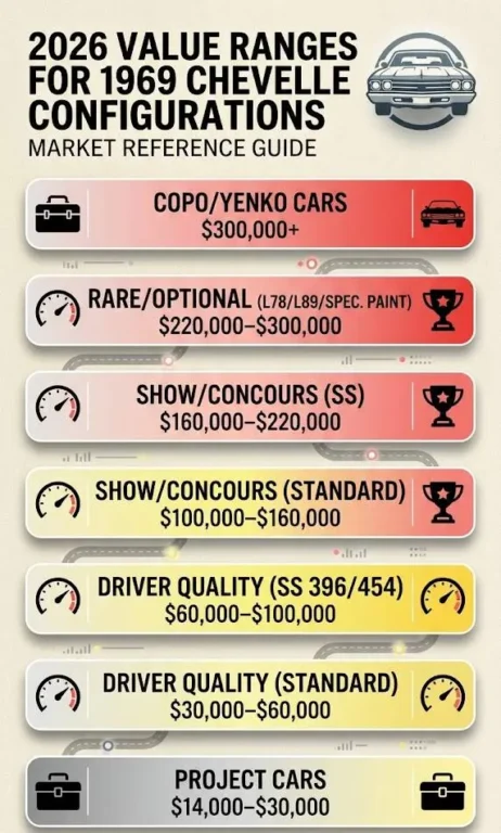 Tiered reference graphic showing 2026 collector market values for the 1969 Chevelle SS by configuration ranging from project cars at 14000 to 30000 dollars through driver quality L35 cars at 35000 to 65000 dollars show quality restorations at 65000 to 120000 dollars numbers matching survivors at 100000 to 200000 dollars and COPO 427 examples at 200000 to 300000 dollars with Yenko documented COPO Chevelles commanding 300000 dollars and above based on Classic.com Hagerty and Mecum auction data compiled 