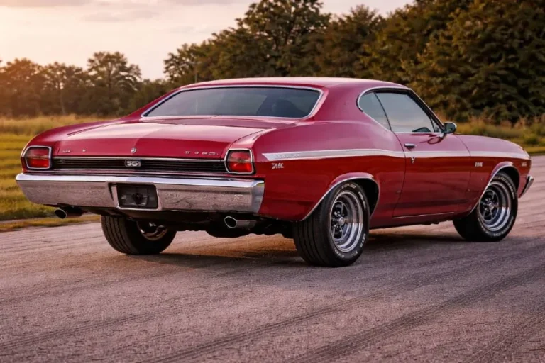 69 Chevrolet Chevelle SS sport coupe hardtop from three quarter rear view showing the larger and more vertical taillamp lenses introduced for the 1969 model year the clean pillarless greenhouse the flowing rear quarter panels and the overall rear end design of the second generation Chevelle body that represents the visual peak of the SS 396 production run with over 86000 SS equipped units produced in the 1969 model year