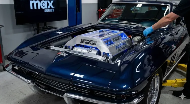 1965 Chevrolet Corvette Stingray first generation converted to fully electric power by SpeedKore Performance in 2450 hours of work for Downey's Dream Cars on Max featuring mushroom derived sustainable leather interior given away via the RDJ Dream Cars Sweepstakes with proceeds to the FootPrint Coalition