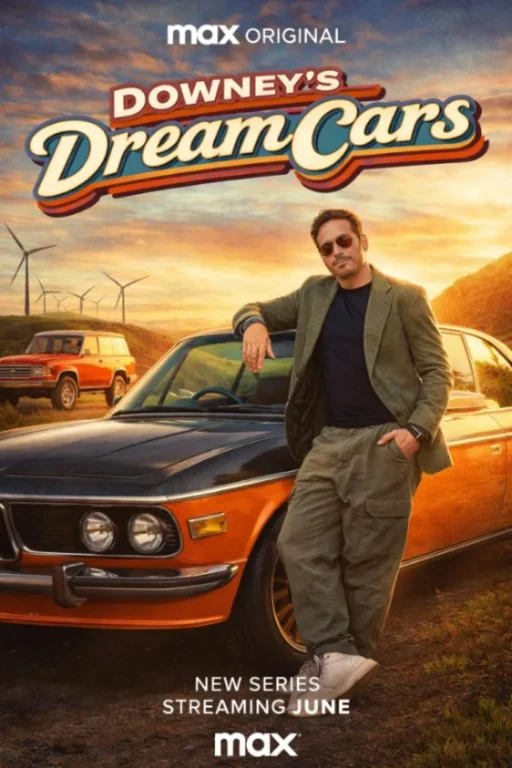 Official promotional artwork for Downey's Dream Cars on Max featuring Robert Downey Jr. and the six classic cars converted to eco friendly powertrains including the 1965 Corvette Stingray 1966 Buick Riviera 1972 Volkswagen Bus and 1985 Chevrolet El Camino with all proceeds from the sweepstakes benefiting the FootPrint Coalition