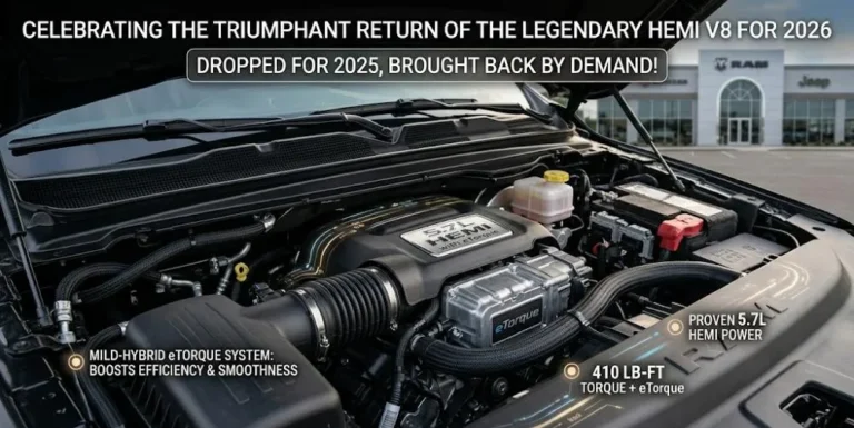 The 5.7 liter HEMI V8 engine with eTorque mild hybrid system returning to the 2026 Ram 1500 lineup after being dropped for 2025 producing 395 horsepower at 5600 rpm and 410 lb-ft of torque at 3950 rpm available as a 1200 dollar option on the Ram 1500 Limited trim delivering the unmistakable V8 exhaust character and smooth stop-start operation through eTorque assistance that 540 horsepower Hurricane buyers cannot replicate regardless of output figures