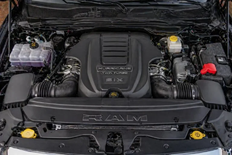 The High Output 3.0 liter Hurricane twin turbocharged inline six cylinder engine in the 2026 Ram 1500 Limited engine bay producing 540 horsepower at 5700 rpm and 521 lb-ft of torque at 3500 rpm achieving 0 to 60 mph in 4.2 seconds and available exclusively on the RHO Limited Limited Longhorn and Tungsten trims of the 2026 Ram 1500 lineup paired with the TorqueFlite 8-speed automatic transmission and standard four wheel drive
