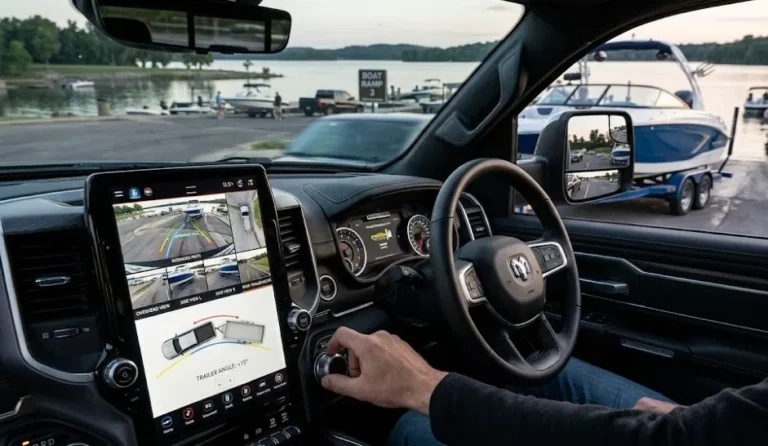2026 Ram 1500 Limited demonstrating the available Trailer Reverse Steering Control system while backing a trailer showing the technology that automatically steers the trailer in reverse allowing the driver to control direction through the front steering wheel while the system manages the trailer's geometric response eliminating the counter-intuitive relationship between steering direction and trailer movement that makes trailer backing difficult for most drivers
