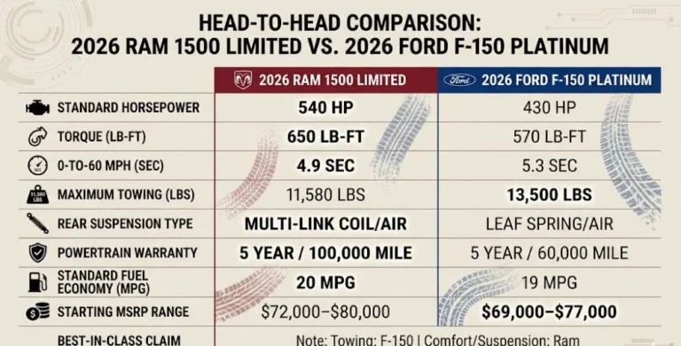 Two column comparison table showing 2026 Ram 1500 Limited versus 2026 Ford F-150 Platinum across eight key metrics with Ram 1500 Limited showing 540 horsepower standard high output Hurricane engine 4.2 seconds 0-60 mph coil spring rear suspension 10 year 100000 mile powertrain warranty and JD Power segment dependability leadership versus Ford F-150 Platinum specifications highlighting where each truck leads its competitor in the luxury half-ton segment