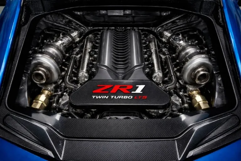 The LT7 twin turbocharged 5.5 liter V8 engine with flat plane crankshaft in the Corvette ZR1 producing 1064 horsepower at 7000 rpm and 828 lb-ft of torque at 6000 rpm operating at 20 PSI of boost and featuring an anti-lag system both port and direct injection and stronger connecting rods making it the most powerful V8 ever produced in America by an automaker and the first turbocharged engine in Corvette production history