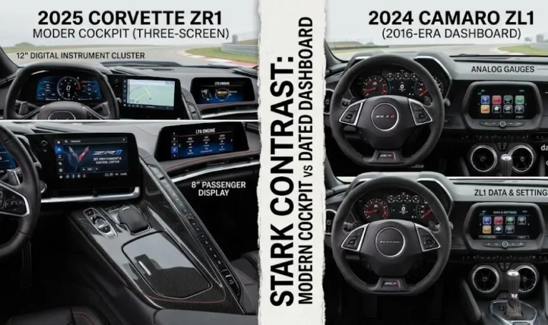 Interior comparison showing the 2025 Corvette ZR1 redesigned cockpit with three display screens including the 12.7 inch center console touchscreen 14 inch Driver Information Center and 6.6 inch auxiliary display alongside Google Built-in infotainment versus the 2024 Camaro ZL1 interior featuring the analog dials LCD touchscreen and steering wheel design that dated the car significantly in its final production years while the Recaro front seats and premium materials remained genuinely excellent