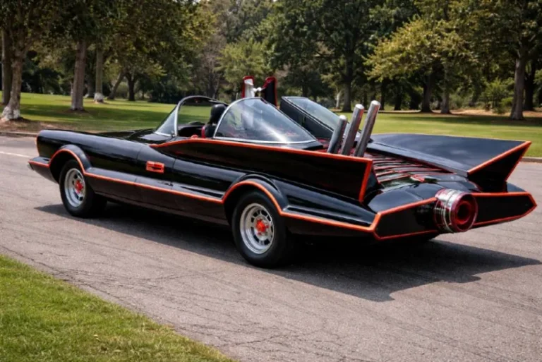 1966 batmobile adam west george barris lincoln futura 4 2 million The 1966 television Batmobile built by George Barris from the 1955 Lincoln Futura concept car for the Adam West Batman television series showing the bat mask nose long rear fins rocket exhaust and gloss black finish that established every visual convention of the Batmobile for generations of fans worldwide