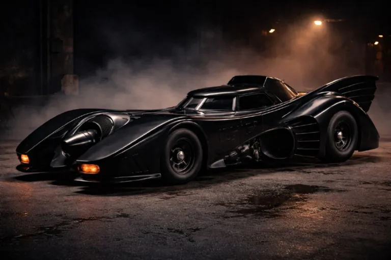 1989 batmobile tim burton batman anton furst gothic design chevrolet impala The 1989 Batmobile designed by Academy Award winning production designer Anton Furst for Tim Burton's Batman showing the gothic industrial silhouette turbine front intake and asymmetrical hand sculpted rear fins built on a Chevrolet Impala chassis achieving 0 to 60 mph in 3.7 seconds and featuring cocoon armor defensive mode