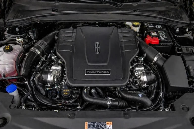 The 3.0 liter EcoBoost twin turbocharged V6 engine in the 2019 Lincoln Continental engine bay producing 400 horsepower and 400 lb-ft of torque paired exclusively with the torque vectoring all wheel drive system achieving 0 to 60 mph in 5.5 seconds making it the most capable and most recommended powertrain in the 2019 Continental lineup available on Reserve and Black Label trims and standard on the 80th Anniversary Coach Door Edition