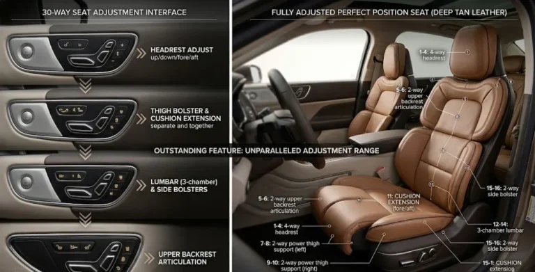 The 2019 Lincoln Continental Perfect Position front seat with 30 way adjustability covering lumbar bolster thigh extension cushion angle headrest heating cooling and massage functions controlled through the seat side panel and stored in the driver memory setting making it one of the most accommodating production seats in any luxury sedan available at any price point praised unanimously by professional reviewers who tested the Continental including Edmunds long term test team who drove over 14000 miles