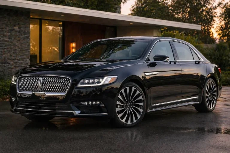 2019 Lincoln Continental Black Label four door full size luxury sedan in three quarter front view showing the integrated door handles LED headlight treatment chrome accent details 20 inch wheels and the American luxury design language that combines chrome accents with modern LED precision offering three engine options from 305 horsepower to 400 horsepower and four trim levels from Premiere at 46145 dollars to Black Label at 70045 dollars