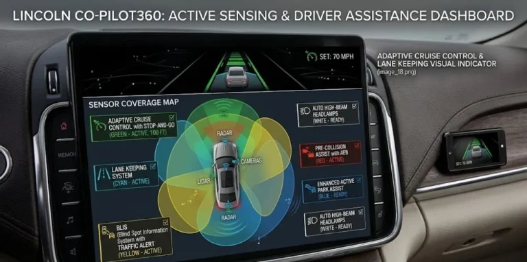 Lincoln Co-Pilot360 safety suite display for the 2019 Lincoln Continental showing the standard active safety features included on all trim levels for the 2019 model year including automatic emergency braking forward collision warning blind spot monitoring rear cross traffic alert automatic high beams lane keeping assist rearview camera and adaptive cruise control representing the most significant upgrade from 2018 to 2019 Continental specification