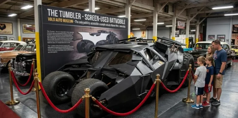 tumbler batmobile volo auto museum illinois screen used public display Screen used Dark Knight Tumbler Batmobile on public display at Volo Auto Museum in Illinois the only surviving screen used Tumbler accessible to the public outside Warner Bros. ownership restored from a stunt car damaged during filming with replica Tumblers built from original mold specifications selling for over one million dollars to collectors