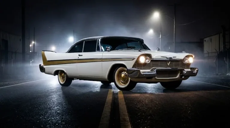 1958 Plymouth Fury from the 1983 John Carpenter film Christine based on the Stephen King novel showing the dramatically styled American car from the fins and chrome era with the specific body lines and tail fin design that made the 1958 Plymouth Fury one of the most visually aggressive American cars of its decade used in approximately 24 different Plymouth Fury vehicles during John Carpenter's production to simulate Christine's supernatural ability to self-repair after being destroyed representing the American cultural anxiety about the automobile's power when owned by the wrong person