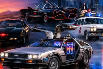 Iconic American science fiction cars including the DeLorean DMC-12 time machine from Back to the Future 1985 needing 88 mph and 1.21 gigawatts to activate the flux capacitor KITT the 1982 Pontiac Trans Am from Knight Rider with turbo boost and molecular bonded shell the 1966 Batmobile based on a 1955 Lincoln Futura customized by George Barris and the Ecto-1 1959 Cadillac Miller-Meteor from Ghostbusters 1984 representing the complete tradition of the American automobile as science fiction's primary vehicle for exploring technology power and the future