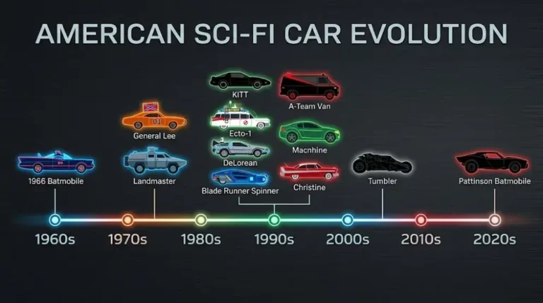 Horizontal timeline showing iconic American Sci-Fi Cars by decade from the 1966 Batmobile created by George Barris from a 1955 Lincoln Futura through the 1970s General Lee and Landmaster the 1980s explosion of KITT Knight Rider Ecto-1 Ghostbusters DeLorean Back to the Future Blade Runner Spinner and Christine to Christopher Nolan's Tumbler in the 2000s and the 2022 Robert Pattinson Batman Batmobile representing sixty years of the American automobile as science fiction's primary vehicle for exploring technology power identity and the future