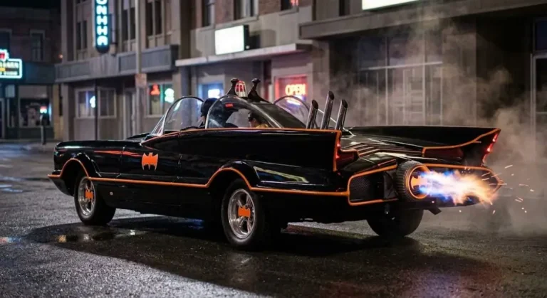 1966 Batmobile from the Adam West Batman television series showing the jet-nosed fin-tailed bubble-canopied design created by George Barris from a 1955 Lincoln Futura concept show car in fifteen days for $30,000 establishing the hero vehicle concept in American television and inspiring every subsequent fictional action vehicle design making the 1966 Batmobile the most culturally foundational American science fiction car in television history