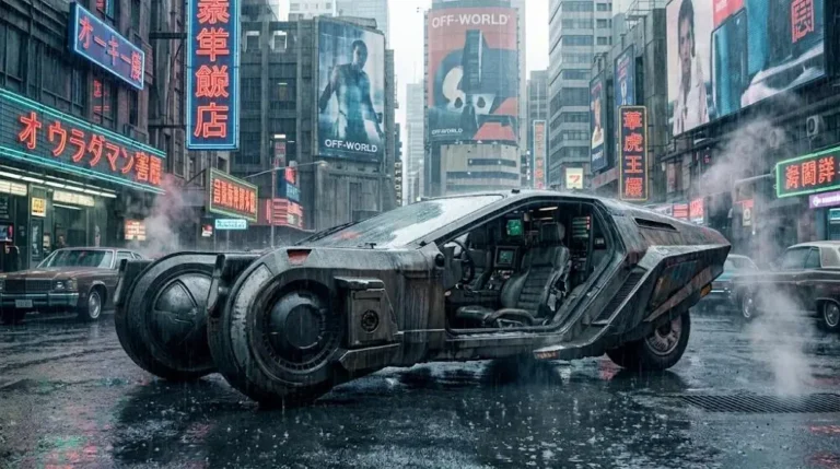 Blade Runner Spinner flying police car from the 1982 Ridley Scott film showing the near-future vehicle designed by Syd Mead as an evolution of a real police car with vertical takeoff and landing capability over the rain-soaked 2019 Los Angeles cityscape that proved prescient about urban density corporate dominance and environmental degradation while being optimistic about the arrival of flying police cars with three practical full-scale non-flying Spinner props built by Gene Winfield for the production