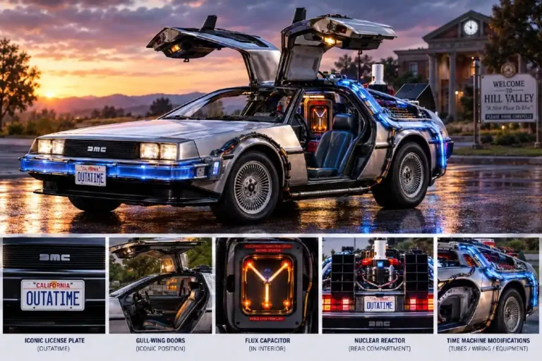 DeLorean DMC-12 time machine from Back to the Future 1985 with iconic gull-wing doors open showing the stainless steel body and the rear nuclear reactor and flux capacitor that required 1.21 gigawatts of power and 88 miles per hour to activate transforming the commercially failed John DeLorean automobile into the most famous science fiction vehicle in American movie history with the specific 88 mph requirement chosen in part because the production DMC-12 speedometer only went to 85 mph