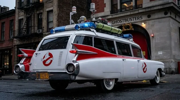 Ghostbusters Ecto-1 from the 1984 film showing the 1959 Cadillac Professional Series Miller-Meteor Futura Duplex combination ambulance-hearse purchased by Ray Stantz for 4800 dollars with the custom roof-mounted paranormal detection equipment red stripe and Ghostbusters logo on the doors making it one of the most recognized American film vehicles in history with the 1959 Cadillac tail fins visible from the rear representing the peak of American automotive excess in the year of its manufacture