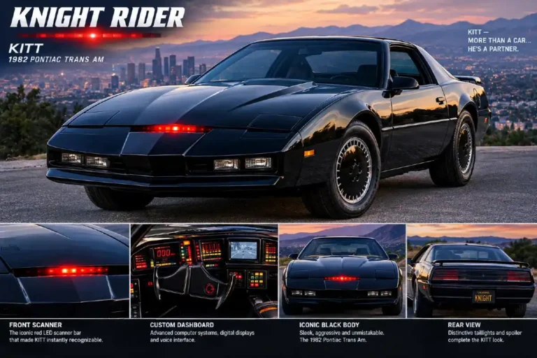 KITT Knight Industries Two Thousand from the 1982 NBC television series Knight Rider showing the 1982 Pontiac Trans Am body with the custom red LED front scanner bar turbo boost capability molecular bonded shell and the custom interior dashboard that housed the onboard supercomputer voiced by William Daniels making KITT one of the most technologically elaborate fictional vehicles in American television history with the show significantly boosting Pontiac Trans Am sales during its 1982 to 1986 broadcast period