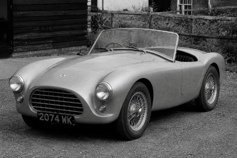 Original AC Ace British sports car with Bristol six-cylinder engine showing the lightweight aluminum-bodied roadster produced by AC Cars of Thames Ditton Surrey England that Carroll Shelby identified as the ideal chassis for his American V8 sports car concept in 1961 with the AC Ace's tubular steel chassis aluminum body and approximate 1900 pound weight making it suitable for the Ford 260 cubic inch V8 installation with Phil Remington's engineering modifications to create the Shelby Cobra