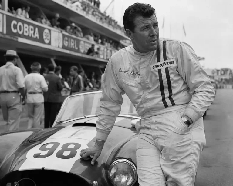 Carroll Shelby the Texas-born Le Mans winning racing driver who retired due to a heart condition and conceived the Shelby Cobra concept while farming chickens in Leona Texas creating CSX0001 in January 1962 by partnering with AC Cars of Thames Ditton England who supplied the aluminum AC Ace body and Ford Motor Company who supplied the 260 cubic inch V8 engine and financial backing to create the American sports car that won the 1965 FIA World Manufacturers Championship against Ferrari