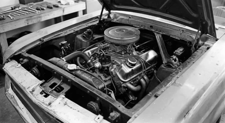 Ford 289 cubic inch small-block V8 engine installed in the engine bay of an original Shelby Cobra showing the specific transplant that Phil Remington's fabrication work made possible by modifying the AC Ace tubular steel chassis to accept the Ford V8 replacing the Bristol six-cylinder engine that AC Cars had used previously with the 289 producing 271 horsepower in street form representing the most common production Cobra engine configuration with approximately 655 genuine 289 Cobras produced